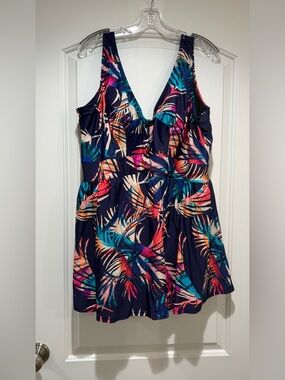 Swimsuits For All Navy Tropical Print One-Piece Swimdress